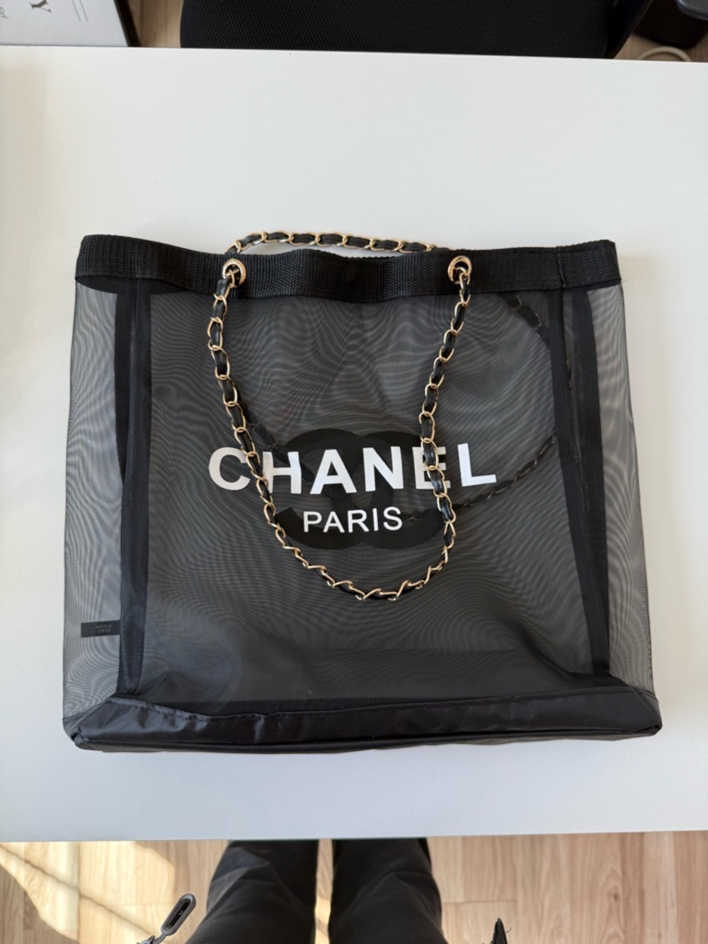 CHANEL Black Mesh Tote with Gold Chain-Trim Shoulder Strap - Picture 2 of 4